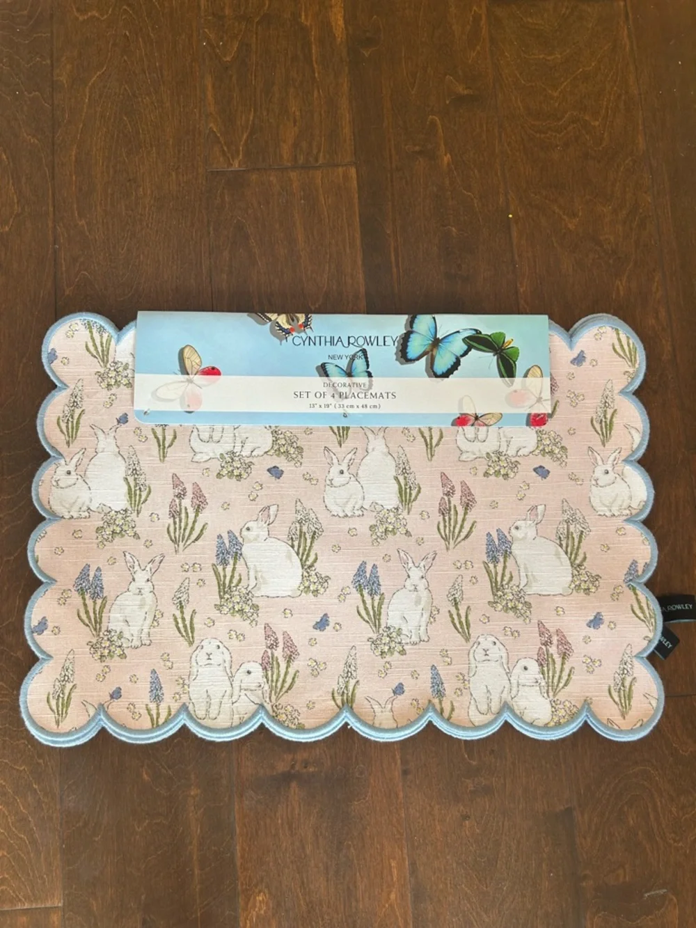 Cynthia Rowley 4 Easter Placemats Tulips Floral Bunny New Pastel Scalloped
